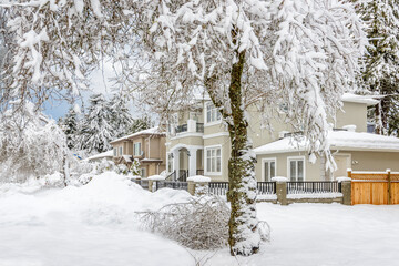 Fragment of luxury house in winter with green trees and nice landscape in Vancouver, Canada