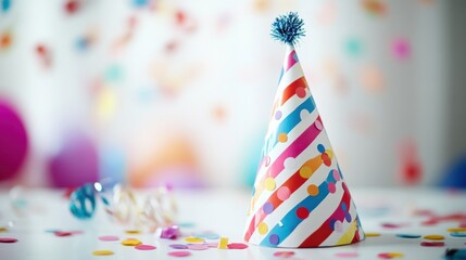 Obraz premium colorful birthday party hat with vibrant stripes and polka dots on a white table