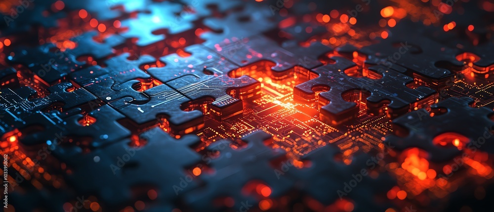 Leinwandbilder Illustration of API integration concept with puzzle pieces connecting on a hightech background, symbolizing the fusion of different technologies for enhanced functionality