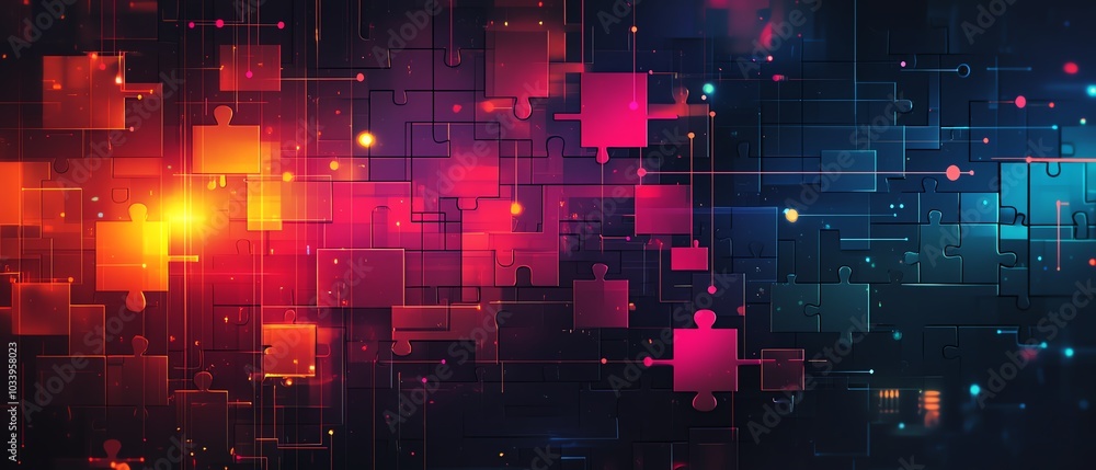 Aufkleber Illustration of API integration concept with puzzle pieces connecting on a hightech background, symbolizing the fusion of different technologies for enhanced functionality