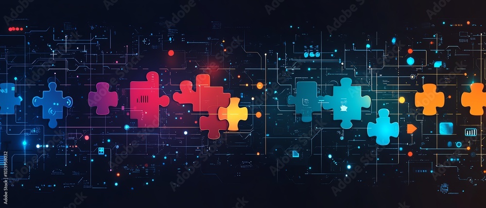 Aufkleber Illustration of API integration concept with puzzle pieces connecting on a hightech background, symbolizing the fusion of different technologies for enhanced functionality