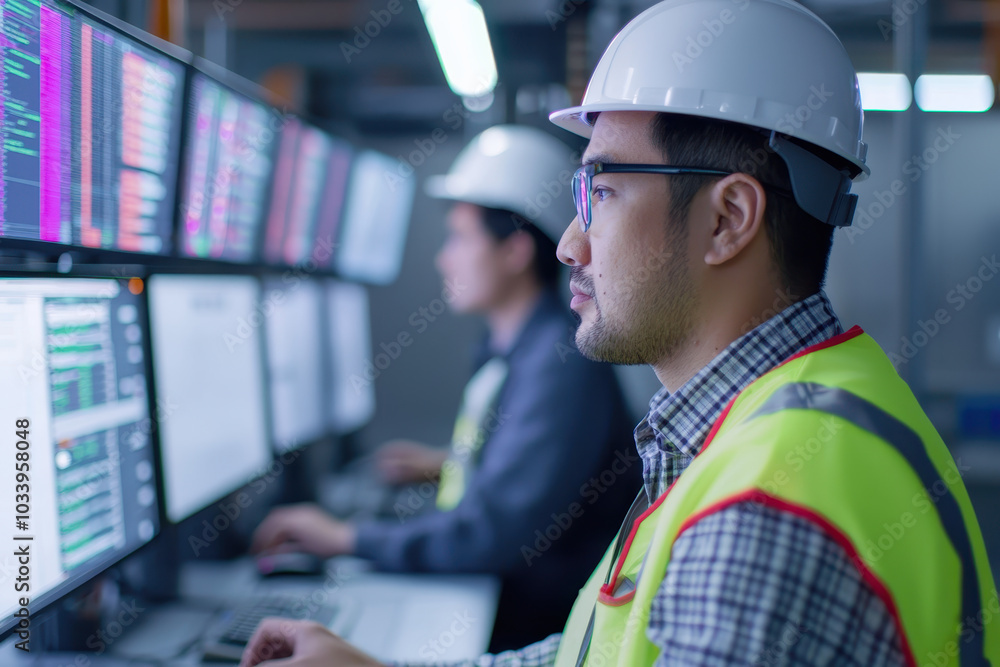 Poster dedicated professionals monitoring data in high-tech control room for industrial operations and safe
