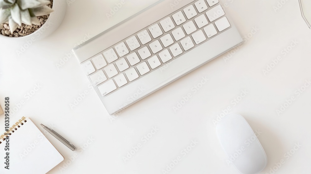 Poster view of a keyboard and a mouse placed on a clean desk,