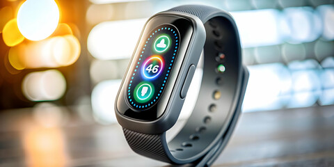 Close Up of Futuristic Smart Fitness Tracker Displaying Health Metrics: Advanced Health Monitoring Technology and Space for Text in Stock Photo Concept