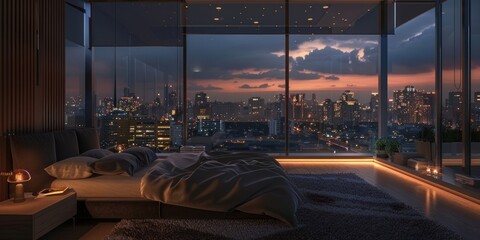 Bedroom view at night city penthouse cityscape.
