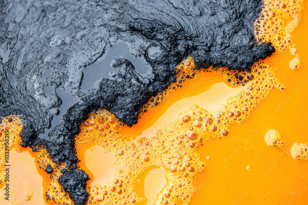 Poster exploring the intriguing textures of black and orange liquid mixture a visual journey through color 