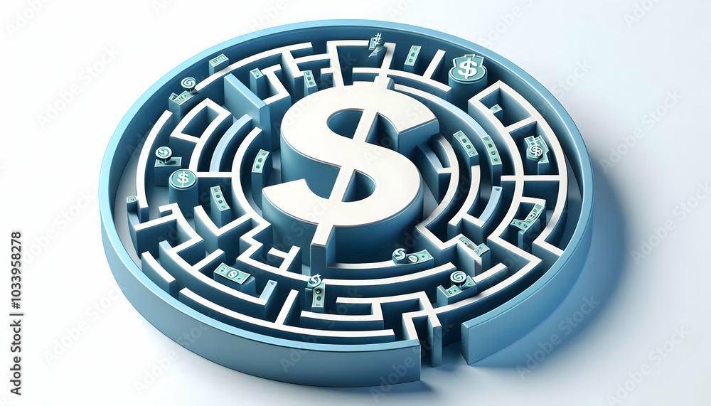 Poster 3d circular maze vector with dollar sign center and highlighted paths concept, isolated on white bac