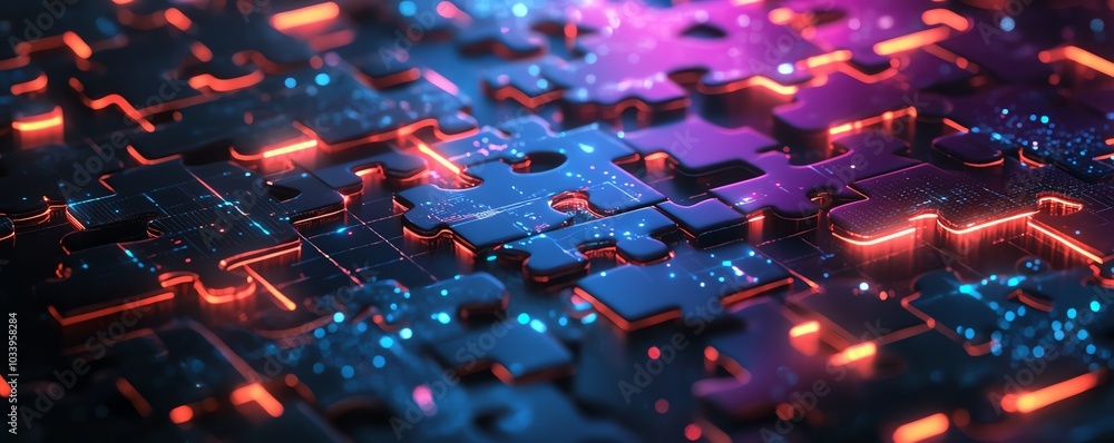 Aufkleber Modern graphic representation of API integration, showcasing interlocking puzzle pieces with glowing edges on a hightech abstract background to illustrate interoperability