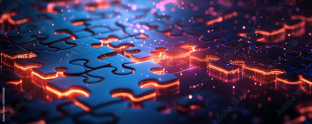 Poster Modern graphic representation of API integration, showcasing interlocking puzzle pieces with glowing edges on a hightech abstract background to illustrate interoperability