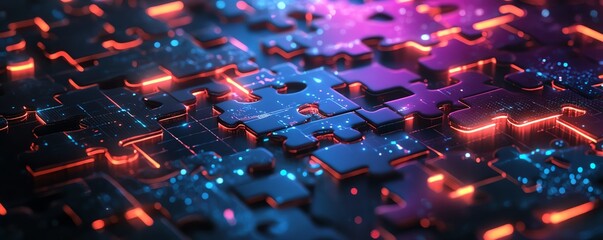 Modern graphic representation of API integration, showcasing interlocking puzzle pieces with glowing edges on a hightech abstract background to illustrate interoperability