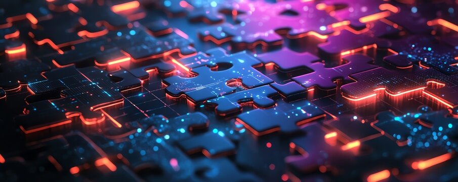 Modern graphic representation of API integration, showcasing interlocking puzzle pieces with glowing edges on a hightech abstract background to illustrate interoperability