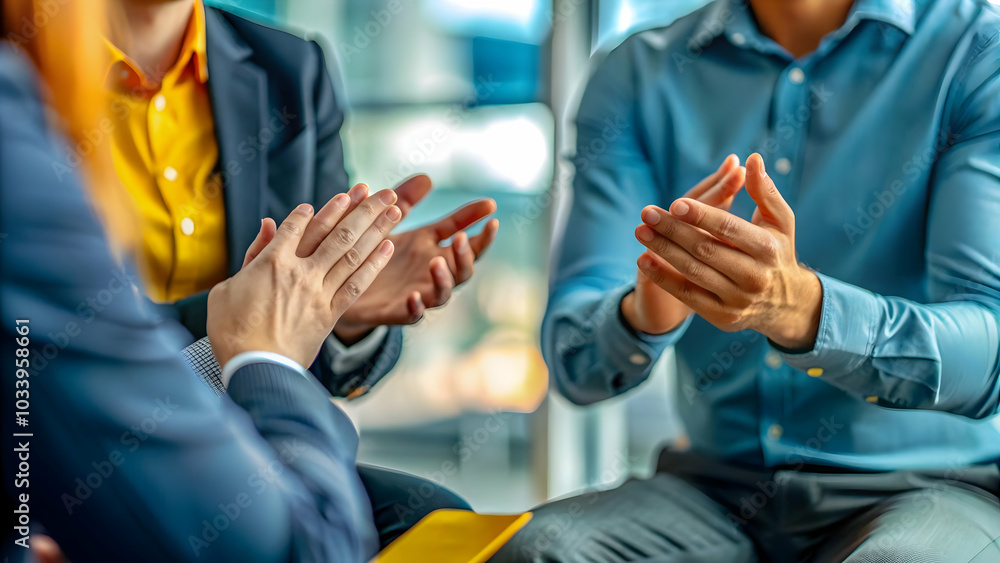 Poster close up of hands gesturing in office meeting with soft bokeh background, emphasizing teamwork and c
