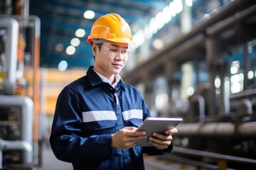 Vietnamese engineers holding factory hardhat.