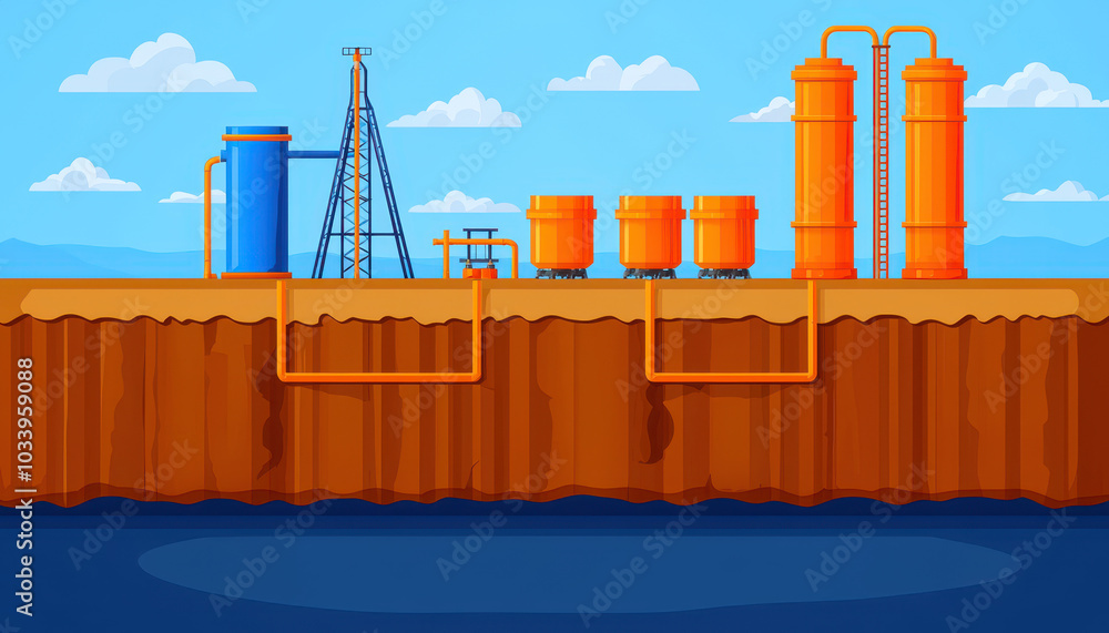 Poster exploring industrial infrastructure a visual representation of oil and gas extraction processes in a