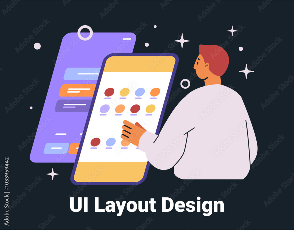 Poster ui layout design concept man interacting with mobile application screens dark background colorful in
