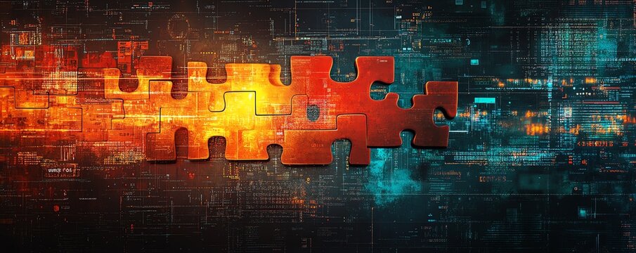 Stylized digital representation of API integration, highlighting interlocking puzzle pieces overlaid on an abstract background filled with binary code and tech elements