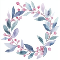 A watercolor painting of a wreath with green leaves and red berries