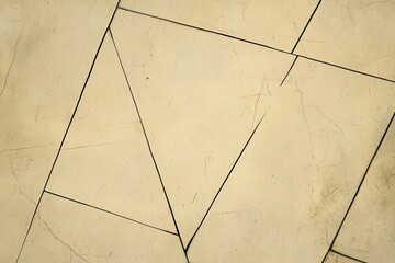 Abstract geometric pattern of cracked beige tiles on a floor.