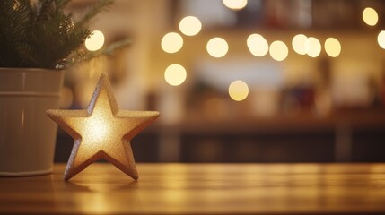 A single shiny Christmas star icon on a wooden counter, with defocused golden lights creating a festive Christmas atmosphere