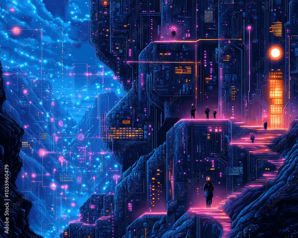 Aufkleber Visual metaphor for big data integration, showcasing data engineers navigating a complex landscape of data sources and technologies to achieve seamless connectivity