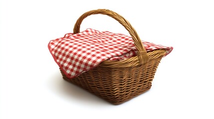 Wicker Picnic Basket with Red and White Checkered Blanket