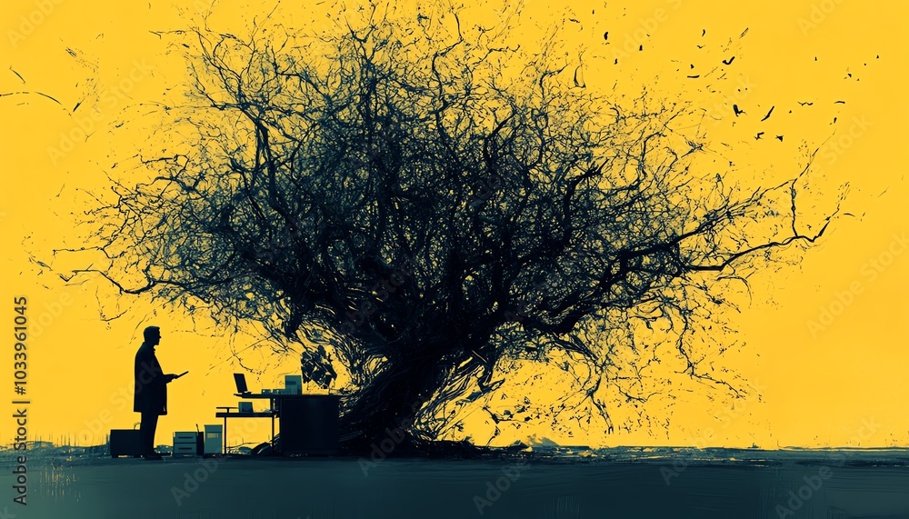 Aufkleber Visual representation of chaotic management, featuring a complex and messy decision tree overflowing with tangled branches and unclear paths, symbolizing poor organization