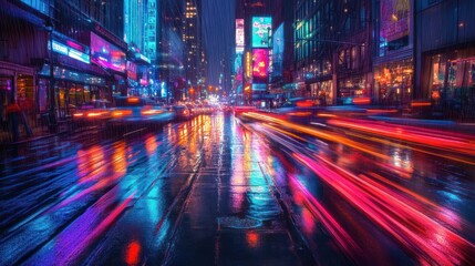 mesmerizing scene of colorful light trails weaving through a bustling city street at night,