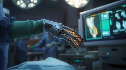 A skilled surgeon operates with a sophisticated robotic hand in a well-equipped surgical room, showcasing cutting-edge medical technology