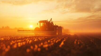 Fototapeta premium An ultra detailed, photorealistic scene of a futuristic seeding machine operating in a fog-covered field near a large lake at sunrise
