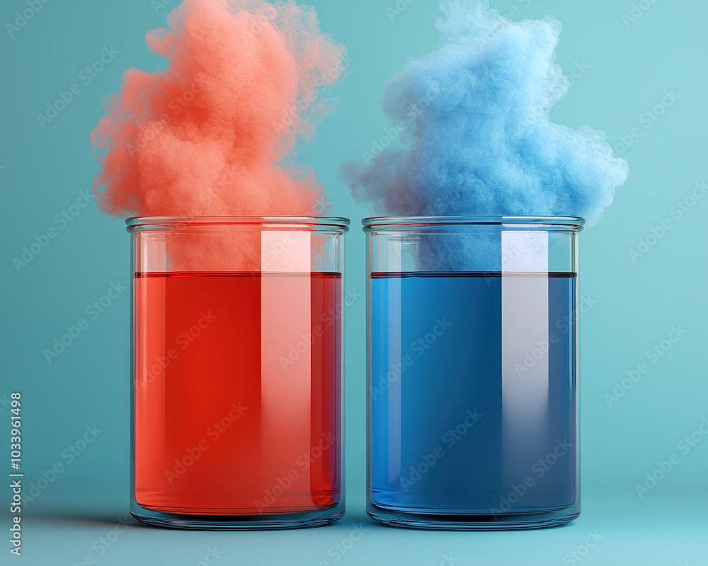 Poster colorful experiment the fascinating interaction of red and blue liquids evoking curiosity and creati