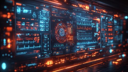 Futuristic digital interface displaying data and analytics.