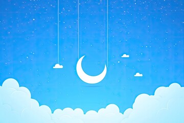 Naklejka premium Moon hanging in a blue sky with clouds, whimsical and dreamy scene.