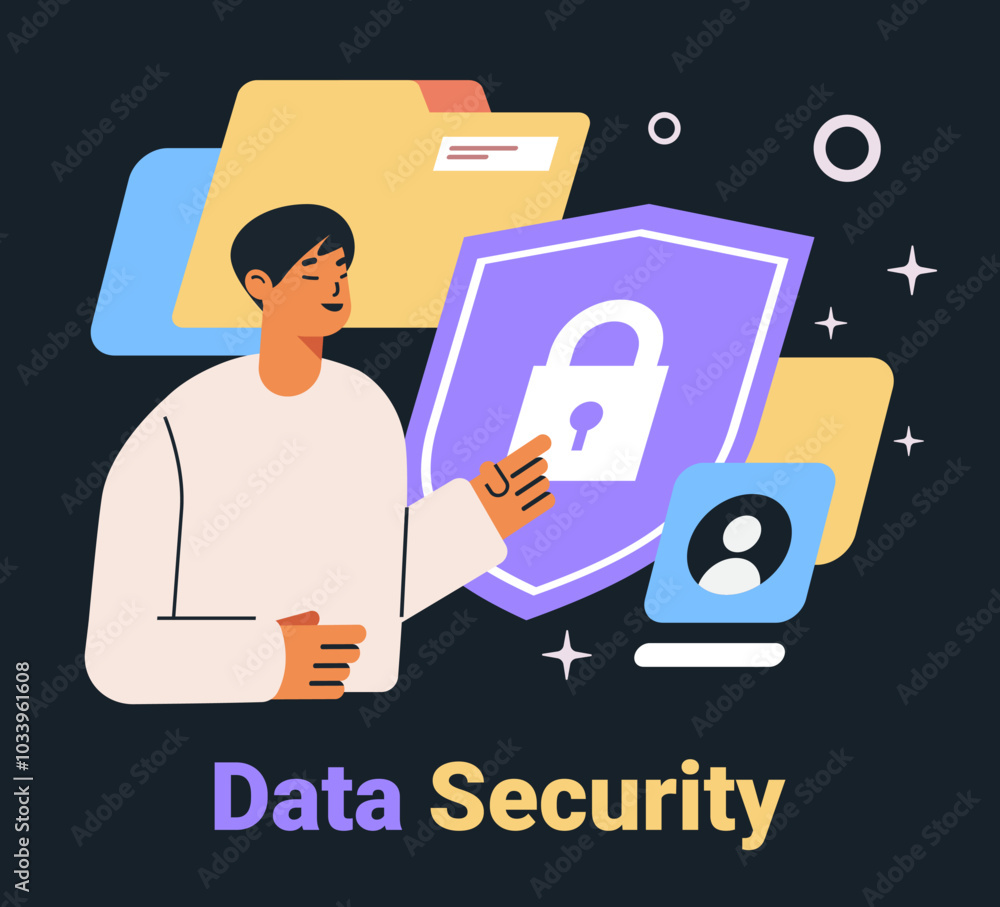 Poster data security illustration person pointing lock icon folders background dark mode interface digital 