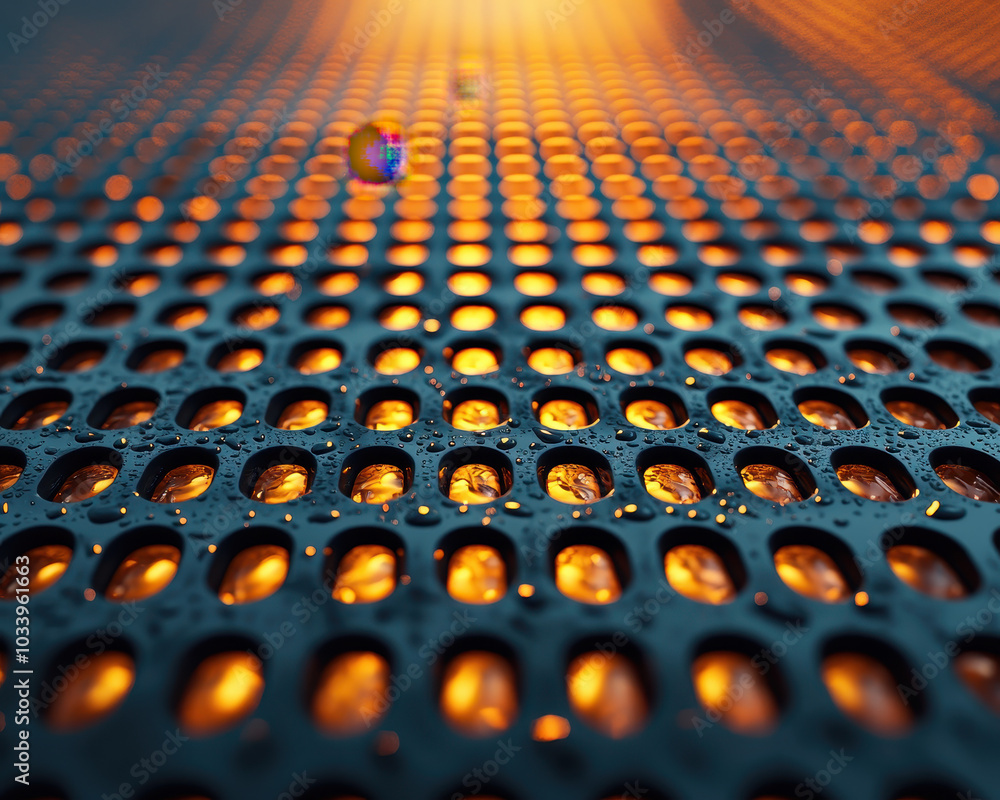 Poster exploring the intricate patterns of perforated metal surfaces illuminated by warm light and water dr