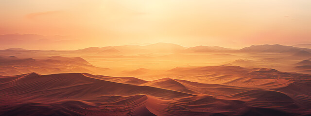 Naklejka premium Golden hues envelop the vast desert landscape at sunset, creating a serene and tranquil atmosphere in the warm light.