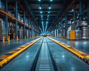 Futuristic warehouse with automated sorting systems, advanced electronics, and bright LED lighting, capturing the essence of modern logistics and efficiency