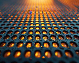 Fototapeta premium Exploring the intricate patterns of perforated metal surfaces illuminated by warm light and water droplets