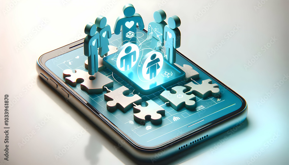 Poster 3d smartphone with holographic puzzle & community icons: a glossy display of interlocking pieces sym
