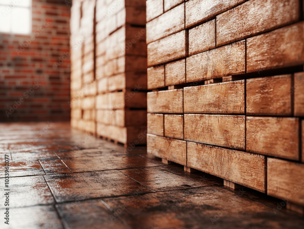 Poster exploring the aesthetic and functional aspects of industrial wooden pallets in warehouse environment