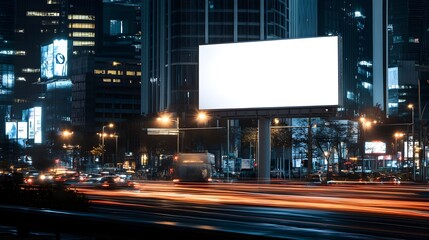 Illuminated Cityscape with Billboards and Blurred Traffic in Downtown Urban Nightscape