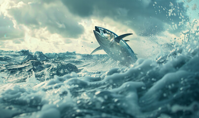 Fototapeta premium The tuna fish jumps out of the rough ocean, illustration generative AI 