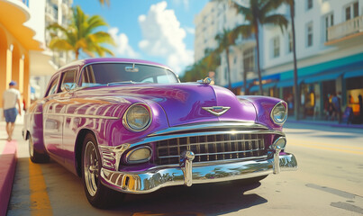 Obraz premium Vintage purple car on the streets in summer, generated ai
