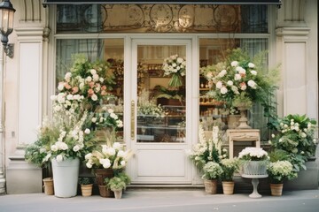 Exterior a florist shop with white flower.
