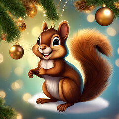 A brown squirrel is climbing a small Christmas tree to hang a golden Christmas ball. It has a big smile and mischievous eyes. The lights illuminate the squirrel's shadow on the tree.