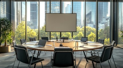 corporate meeting room featuring a long table, whiteboard with markers,