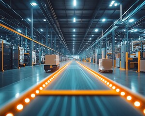 Obraz premium Futuristic warehouse with automated sorting systems, advanced electronics, and bright LED lighting, capturing the essence of modern logistics and efficiency