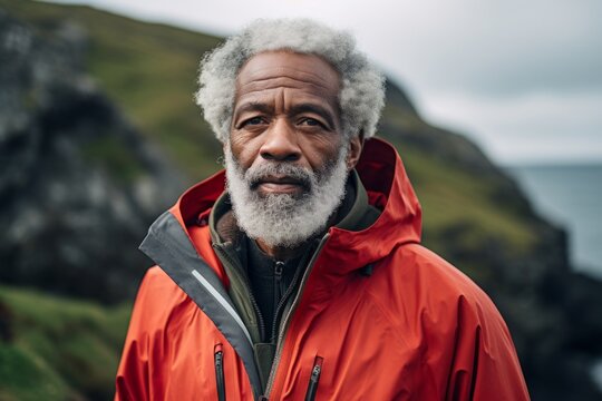 Portrait of a content afro-american man in his 80s wearing a windproof softshell on rocky shoreline background