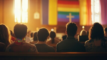 individuals participating in a religious service, with rainbow flags and inclusive symbols displayed