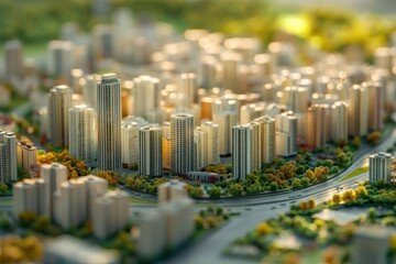 Obraz premium A detailed 3D scale model of a city, showing highrise buildings, roads, and parks