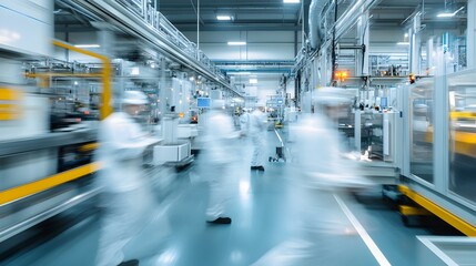 Blurred motion of workers in a busy industrial factory with machinery and equipment